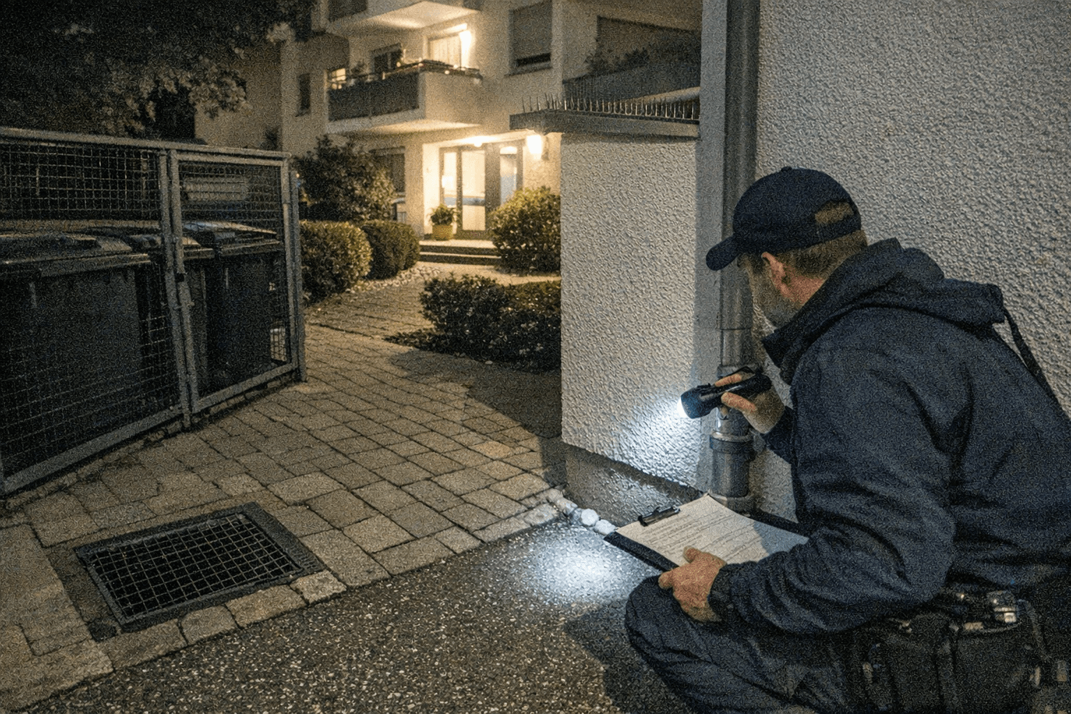 Freundlicher Techniker berät Hausbesitzer diskret und beruhigend an der Haustür eines Wohnhauses.