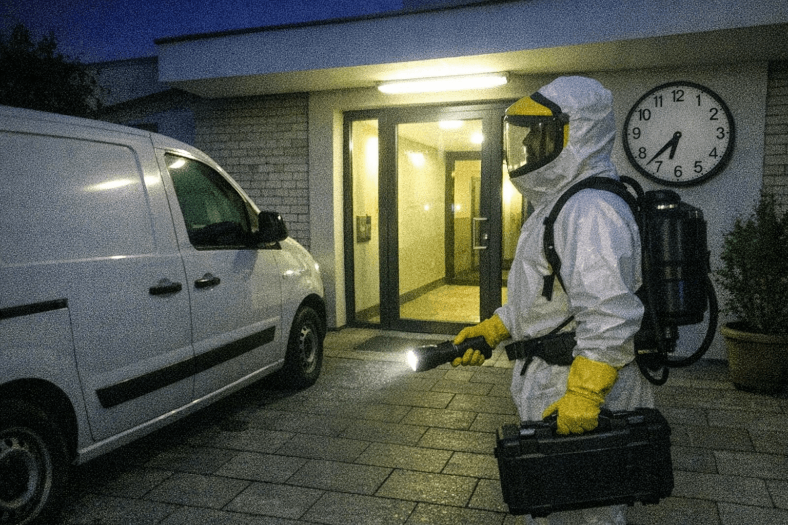 Notfall-Schädlingsbekämpfungswagen und Uhr vor Geschäftsgebäude, Symbol für schnelle Hilfe im Betrieb.