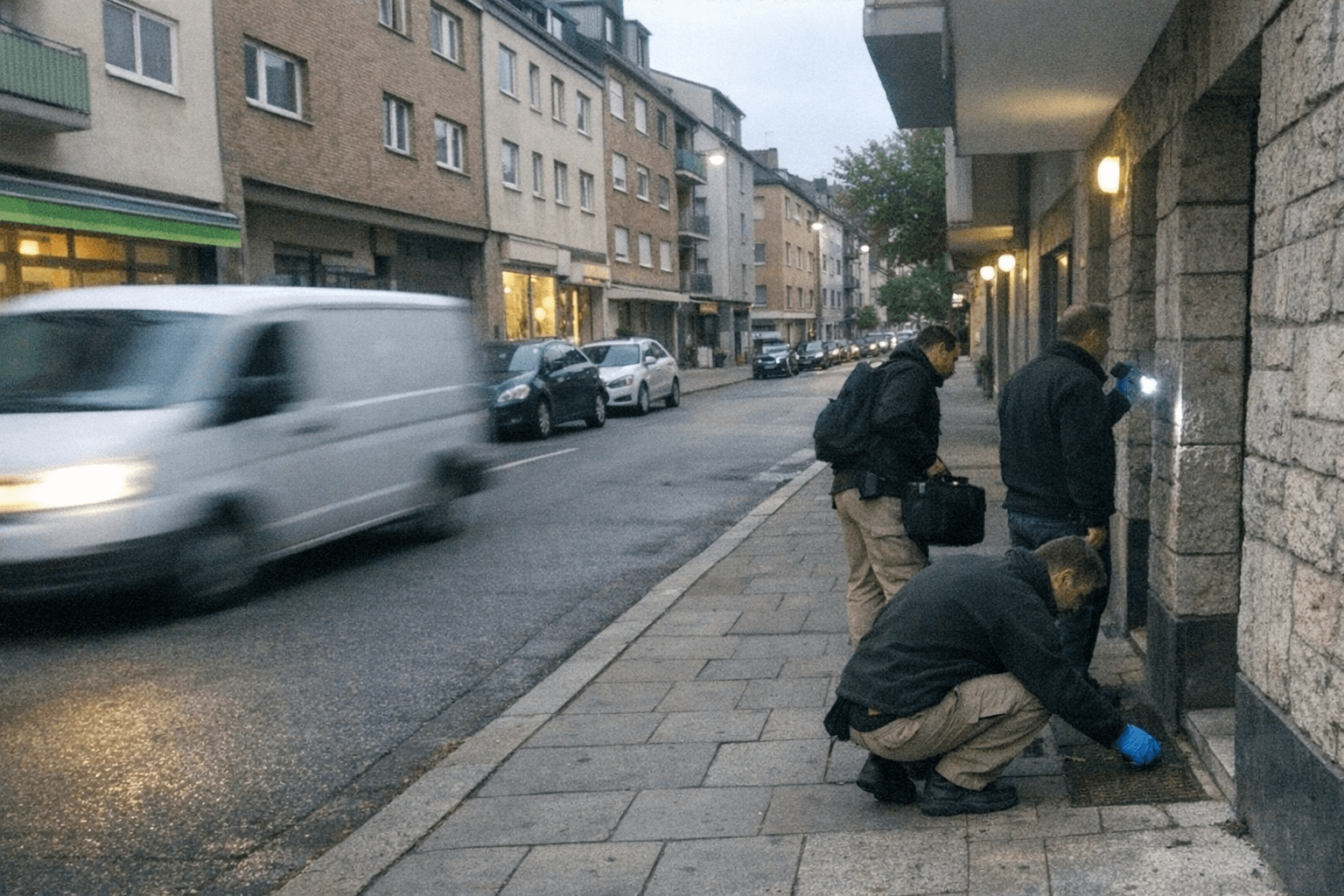 Wohnstraße mit Mehrfamilienhäusern, Grünflächen und parkenden Autos in einem städtischen Wohngebiet