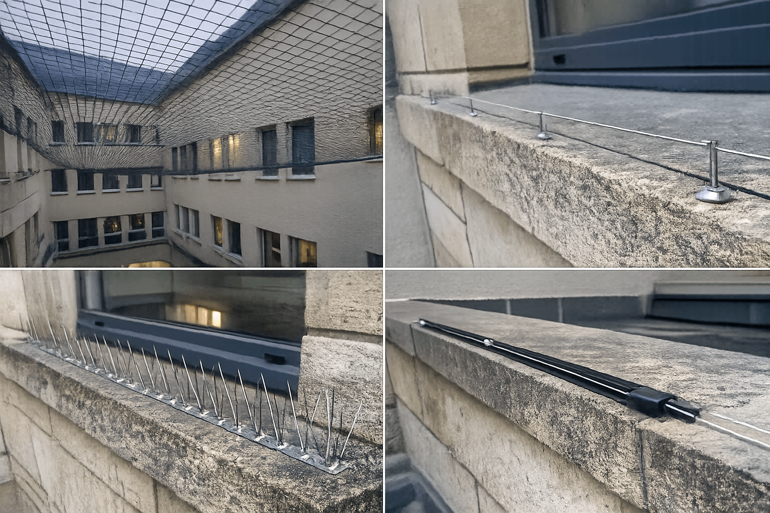 Montierte Systeme zur Taubenabwehr an Fassade und Innenhof