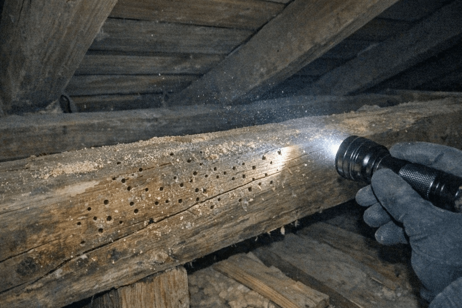 Holzwurmuntersuchung in einem alten Dachstuhl